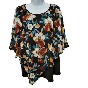 Lotusmile Blouse Top Womens XXL Loose Flutter Cape Sleeve Layered Chiffon Floral